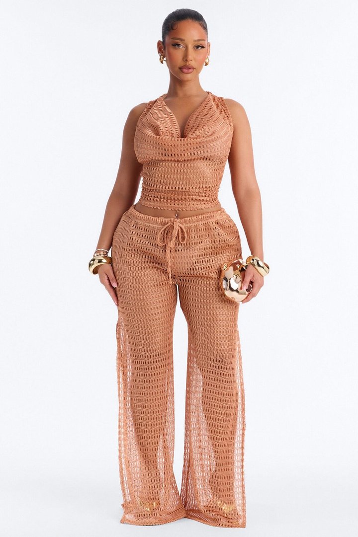 Sunny Shores Metallic Cowl Neck Cover Up Pants Set - Bronze
