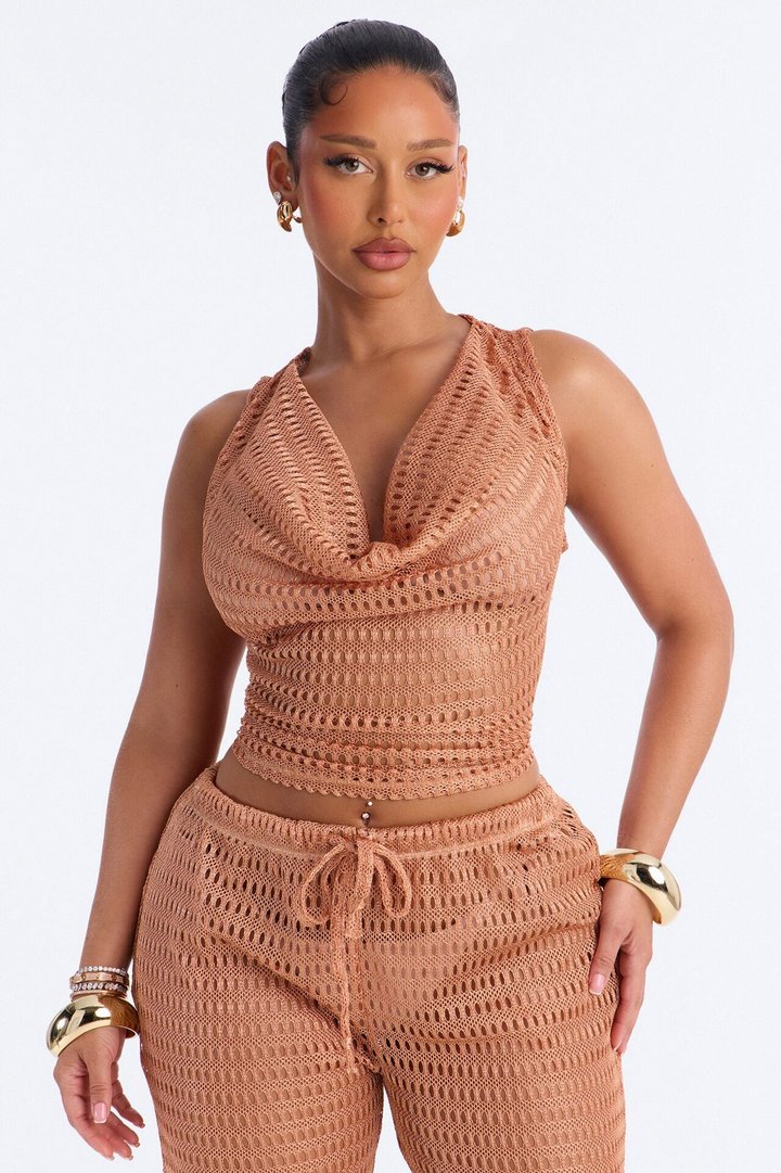 Sunny Shores Metallic Cowl Neck Cover Up Pants Set - Bronze