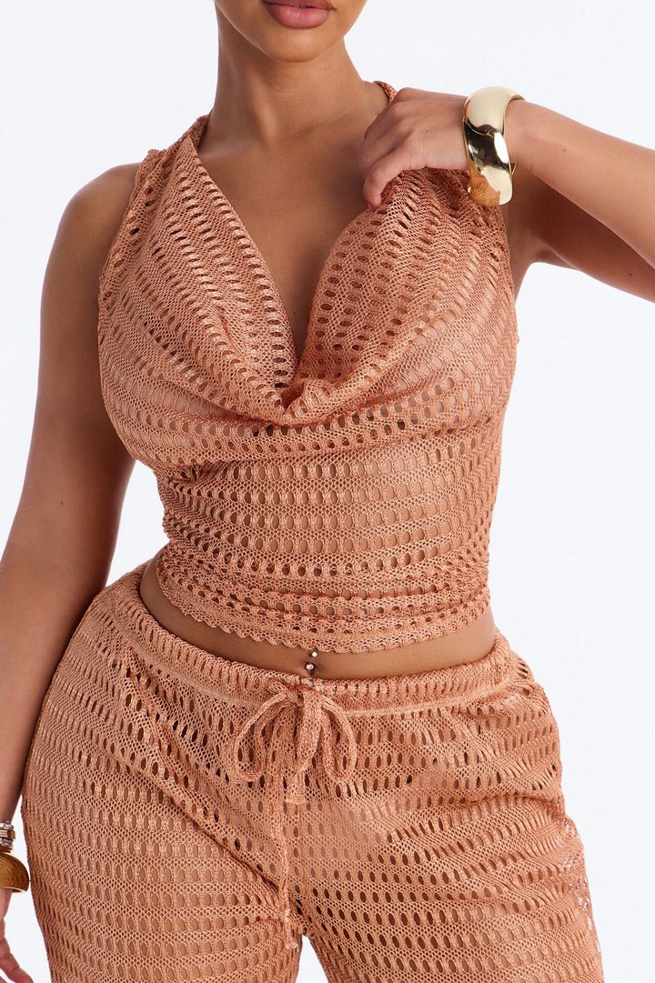 Sunny Shores Metallic Cowl Neck Cover Up Pants Set - Bronze