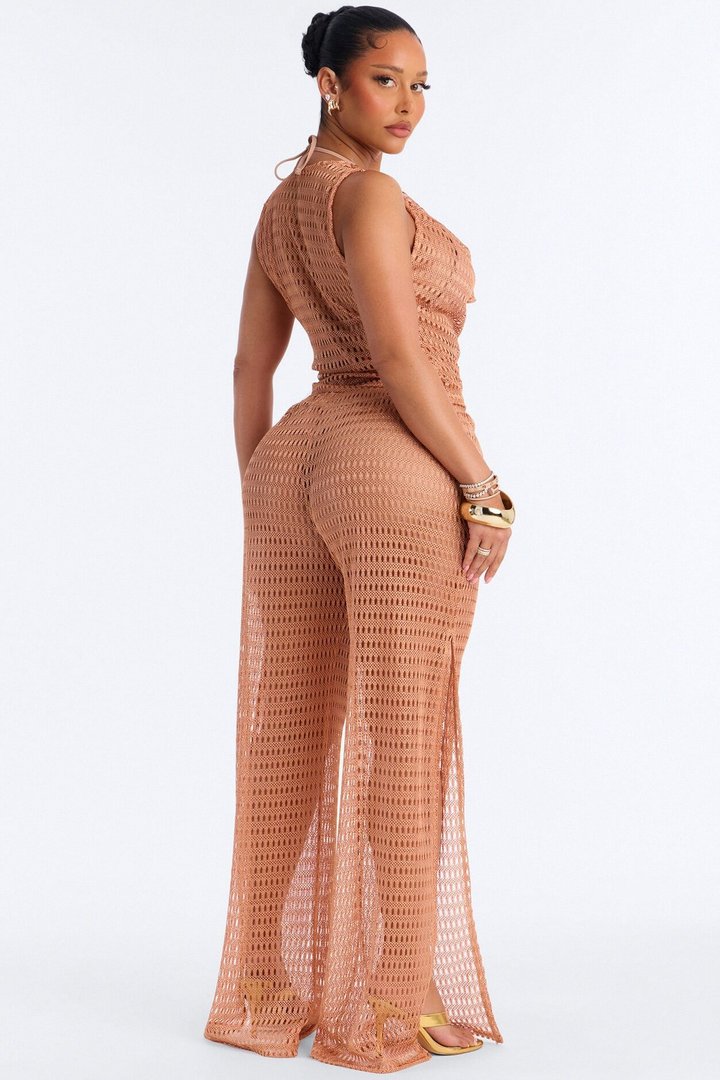 Sunny Shores Metallic Cowl Neck Cover Up Pants Set - Bronze