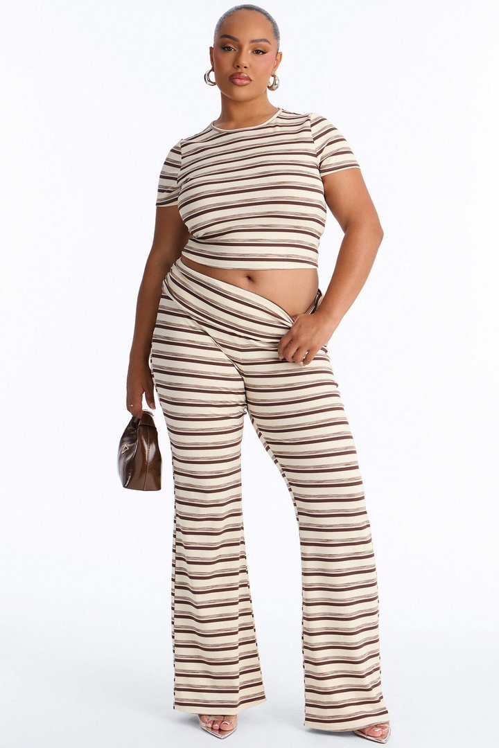 Dana Stripe Foldover Waistband Pant Set - Brown Combo