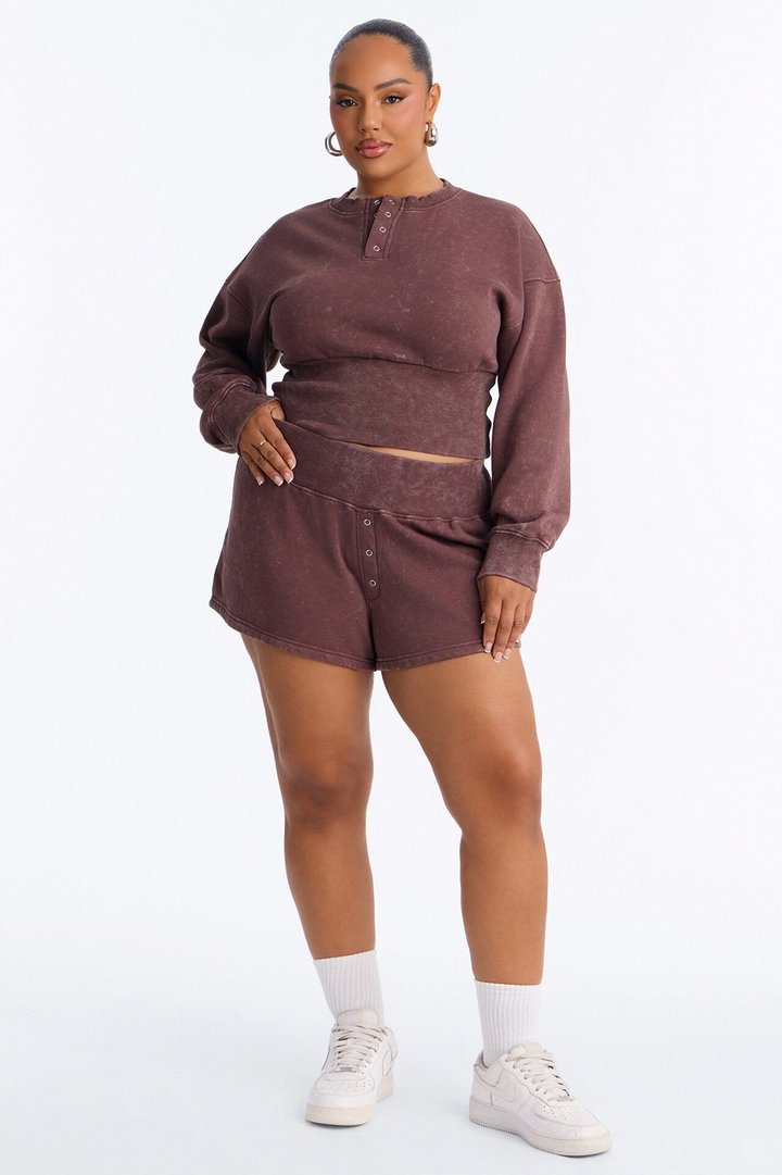 Reese Cinched Waist Fleece Short Set - Chocolate