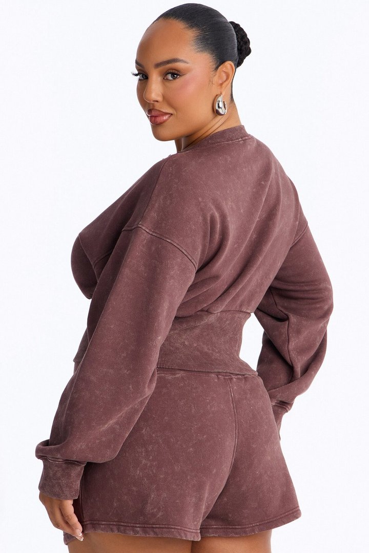 Reese Cinched Waist Fleece Short Set - Chocolate