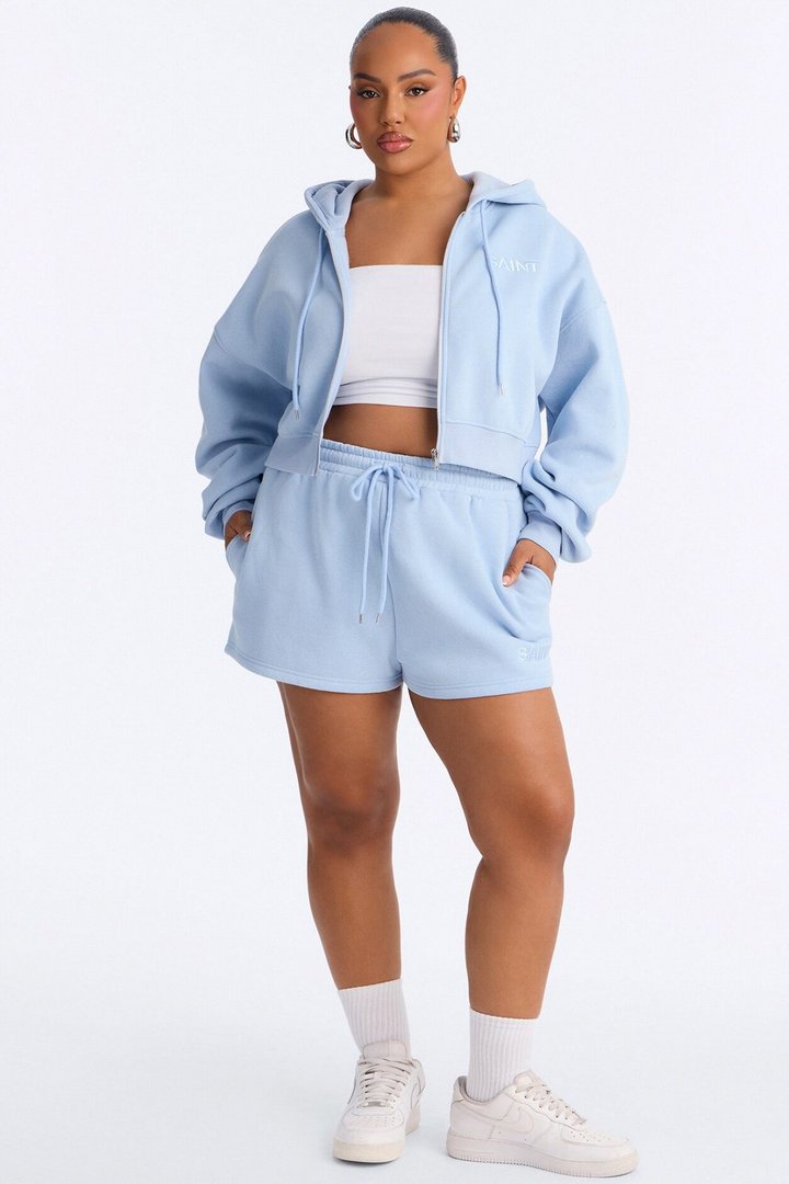 She's A Saint Cropped Fleece Pant Set - Light Blue