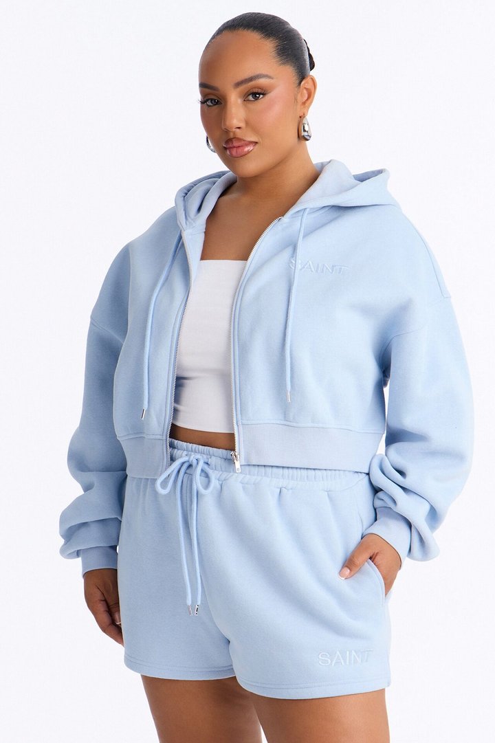 She's A Saint Cropped Fleece Pant Set - Light Blue