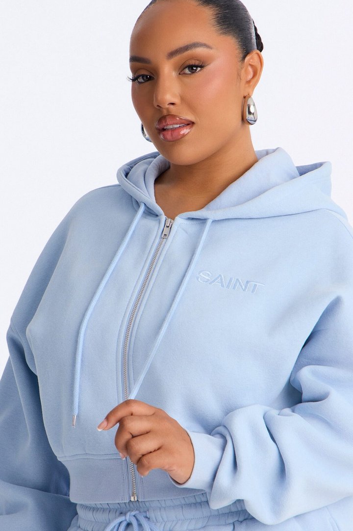 She's A Saint Cropped Fleece Pant Set - Light Blue