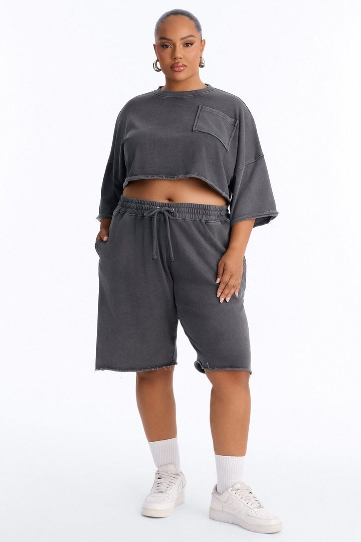 Trina Cropped French Terry Jort Set - Charcoal