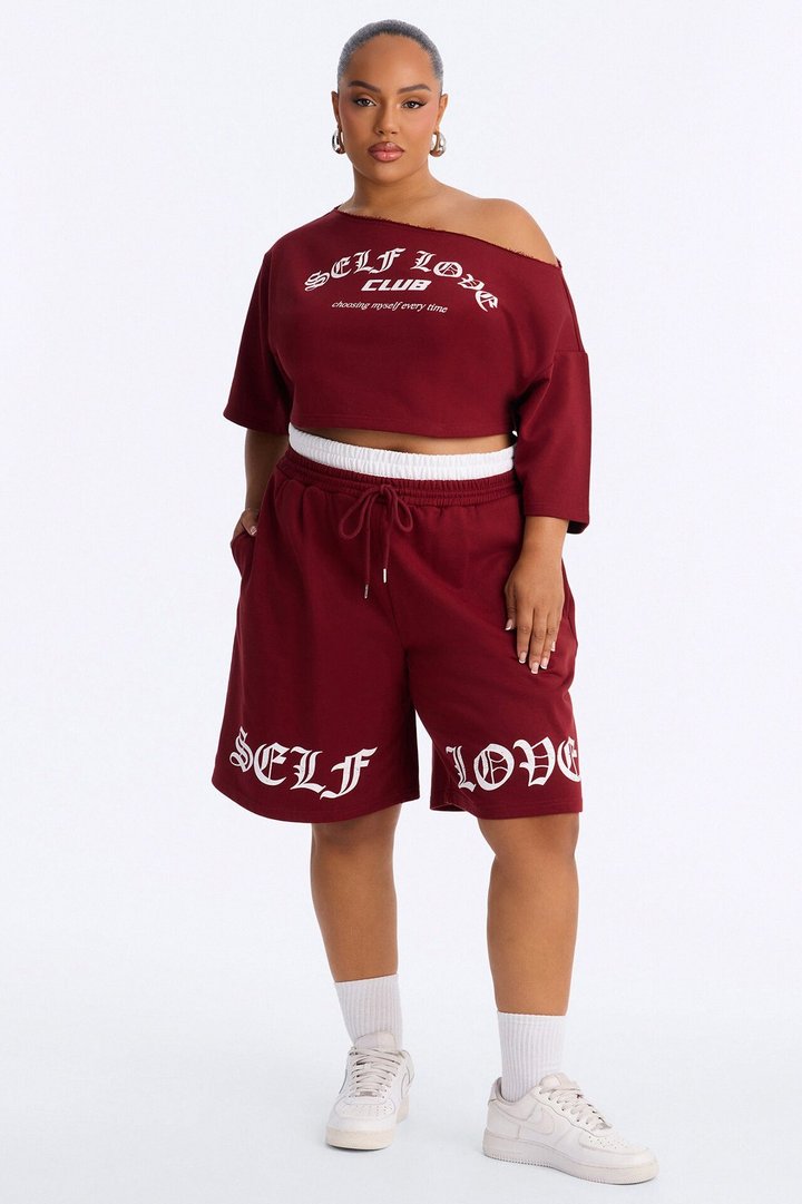 Self Love Club Off Shoulder French Terry Short Set - Burgundy