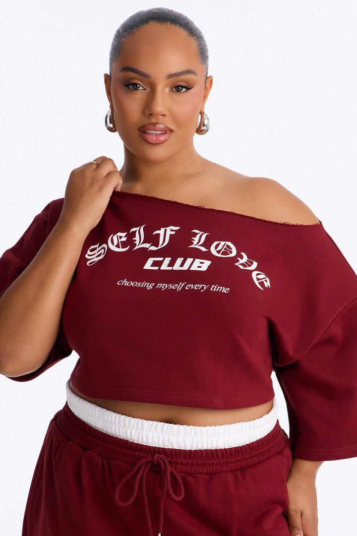 Self Love Club Off Shoulder French Terry Short Set - Burgundy