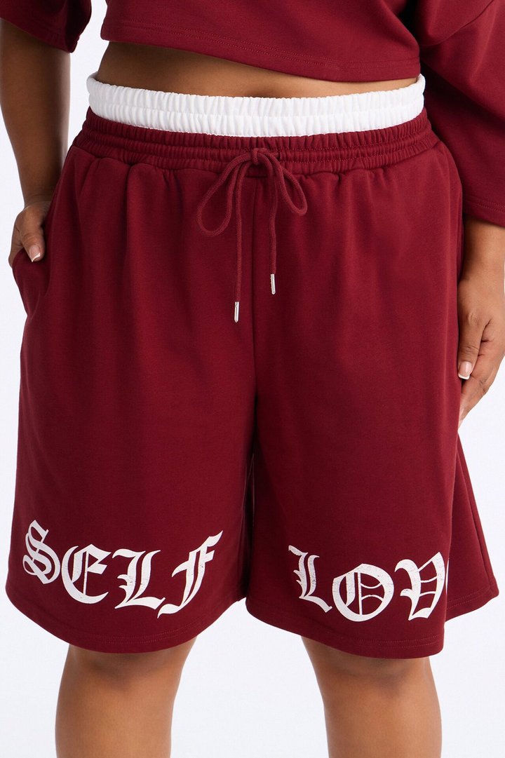 Self Love Club Off Shoulder French Terry Short Set - Burgundy