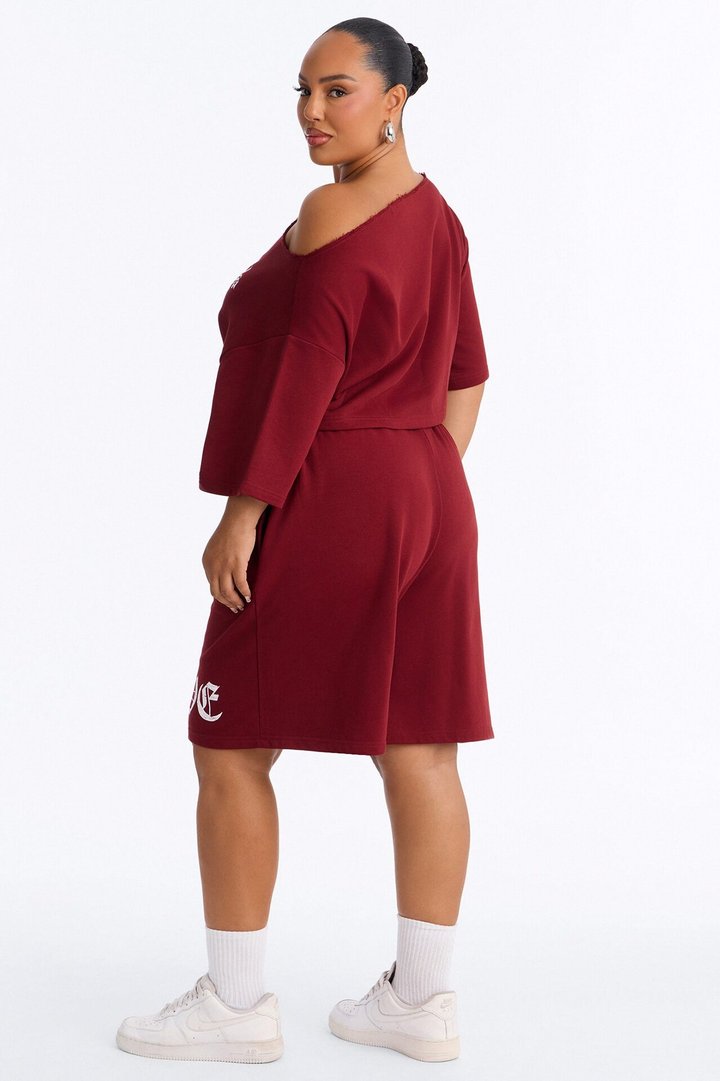 Self Love Club Off Shoulder French Terry Short Set - Burgundy
