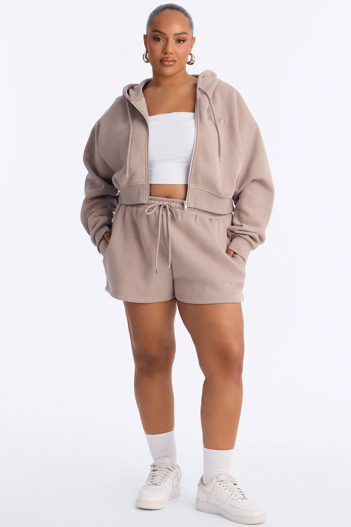 She's A Saint Cropped Fleece Pant Set - Stone