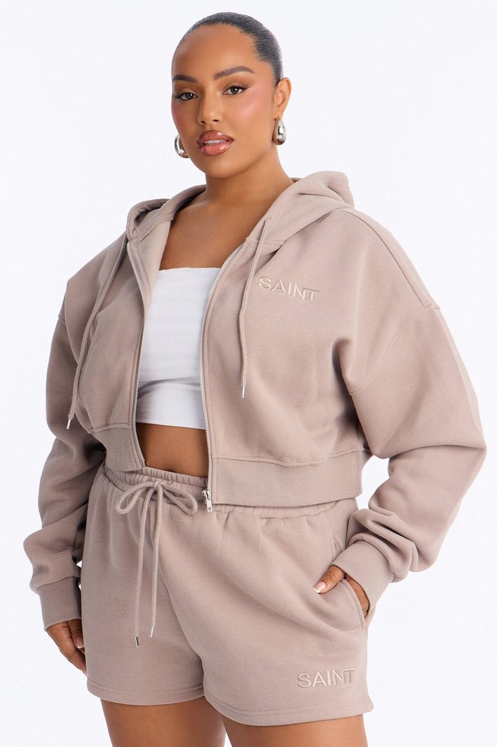 She's A Saint Cropped Fleece Pant Set - Stone