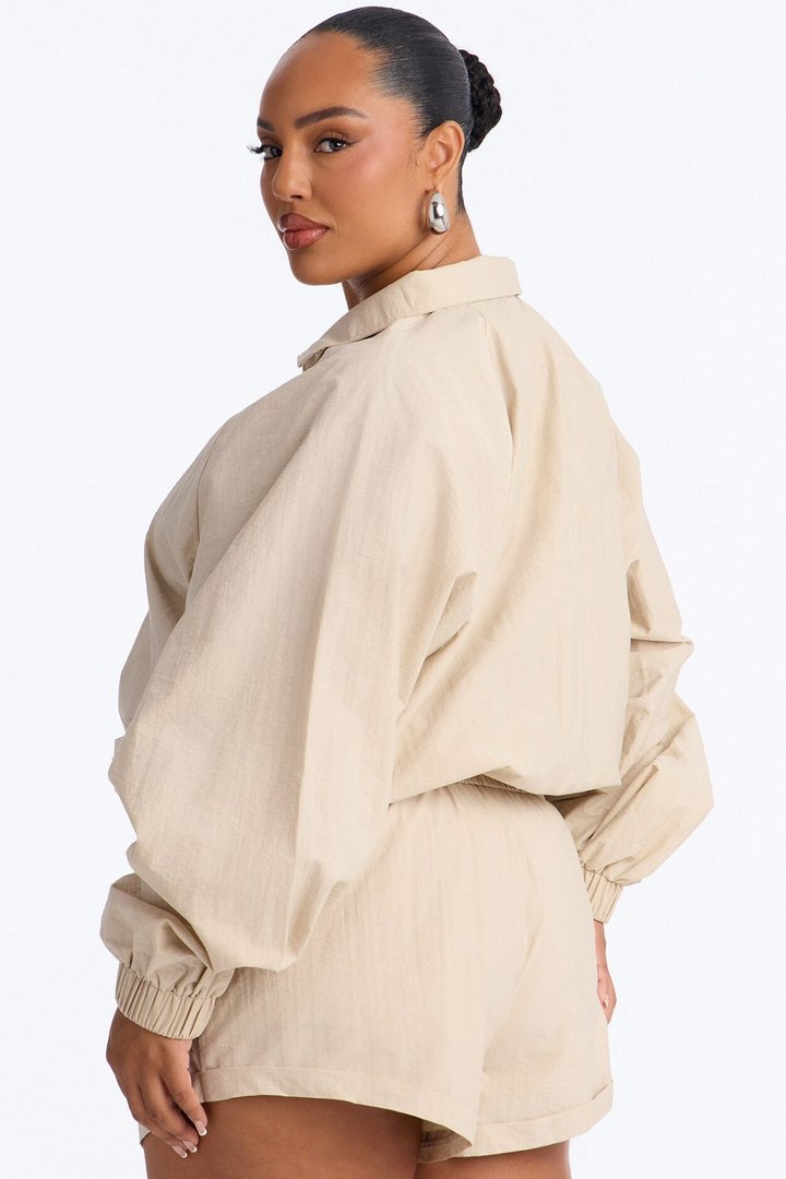 On The Move Windbreaker Long Sleeve Romper - Tan