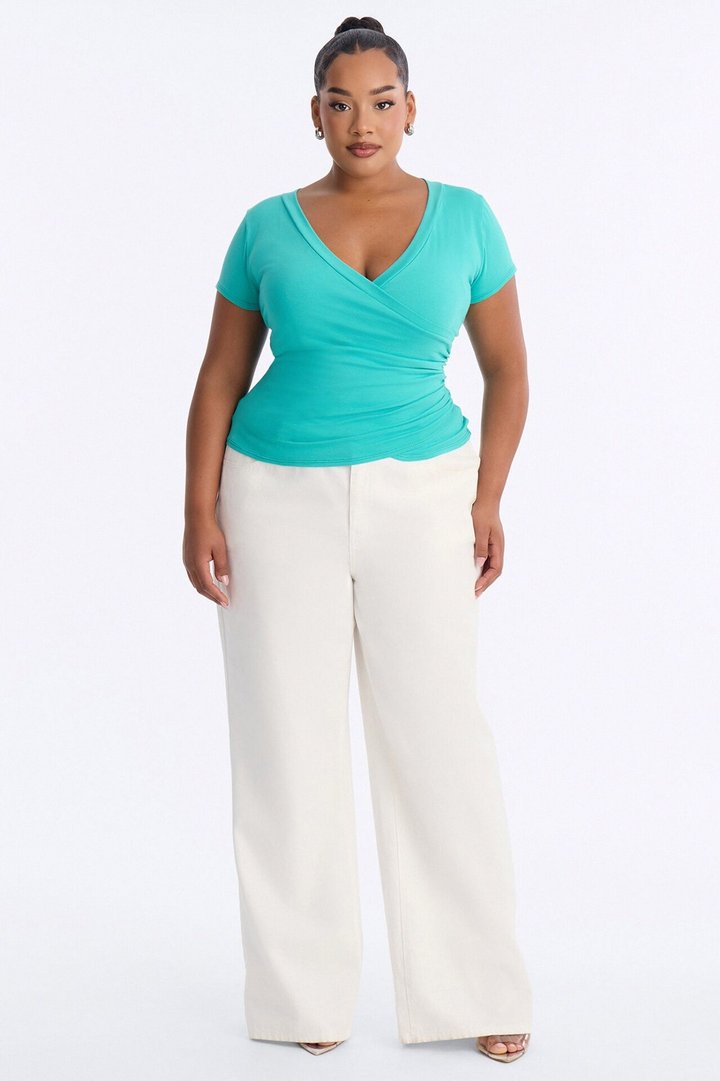 Summer Prep Ruched V-Neck Short Sleeve Top - Turquoise