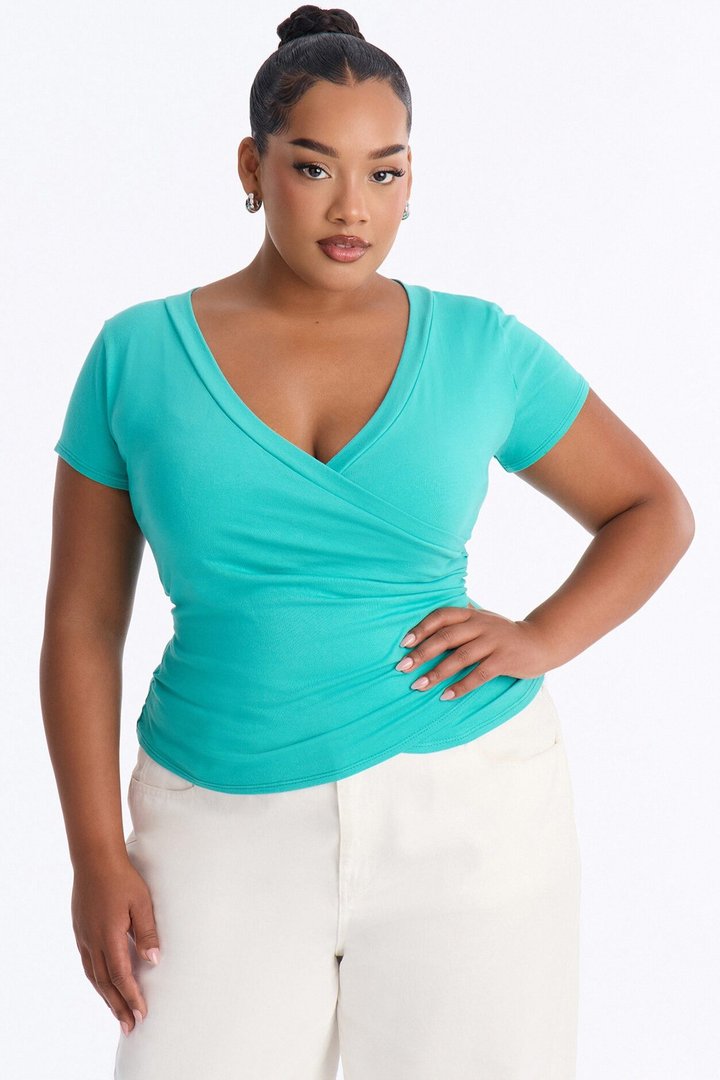 Summer Prep Ruched V-Neck Short Sleeve Top - Turquoise