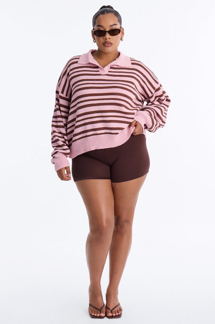 Jennie Striped Oversized Polo Sweater - Pink/combo