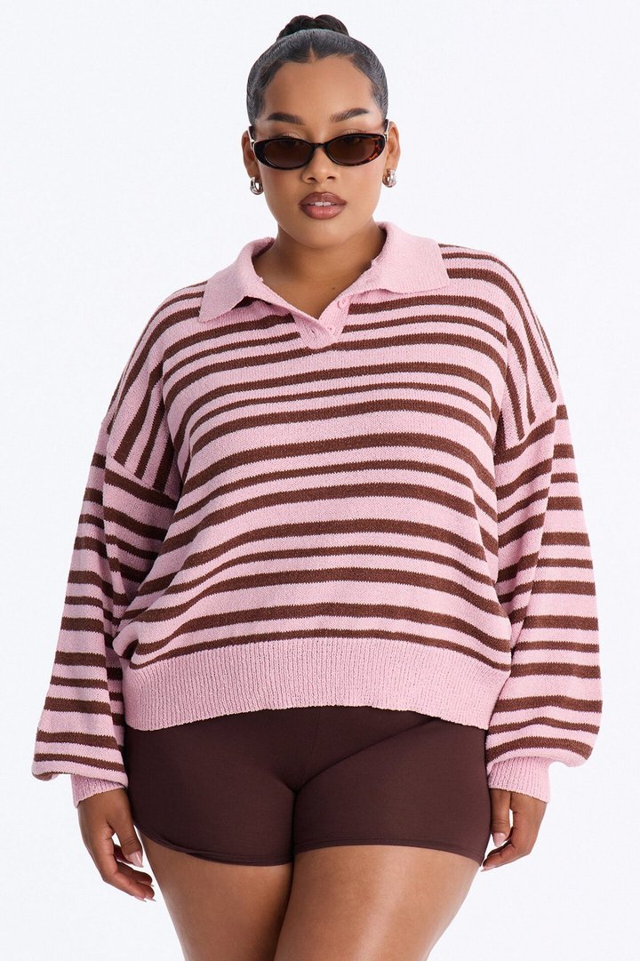 Jennie Striped Oversized Polo Sweater - Pink/combo