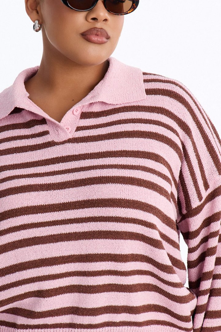 Jennie Striped Oversized Polo Sweater - Pink/combo