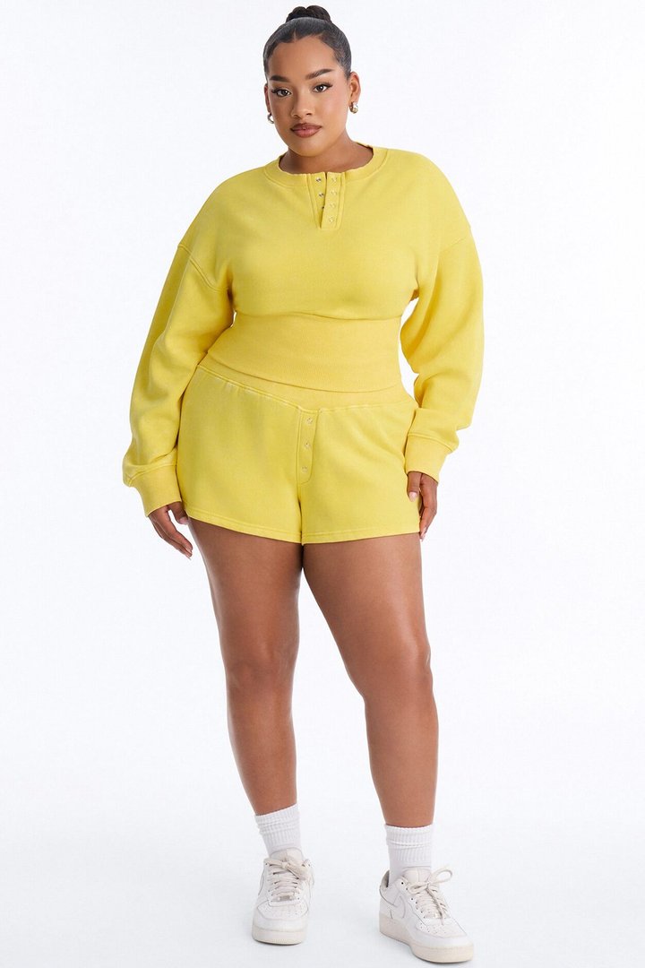 Reese Cinched Waist Fleece Short Set - Yellow