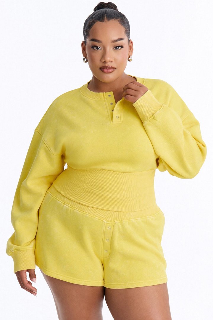 Reese Cinched Waist Fleece Short Set - Yellow
