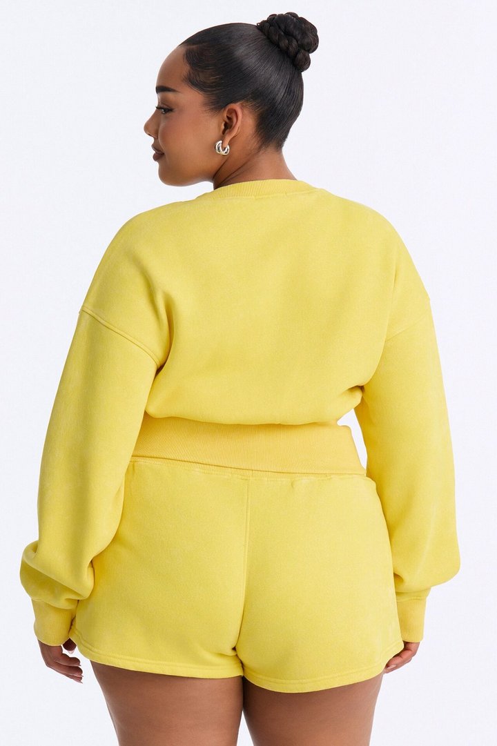 Reese Cinched Waist Fleece Short Set - Yellow