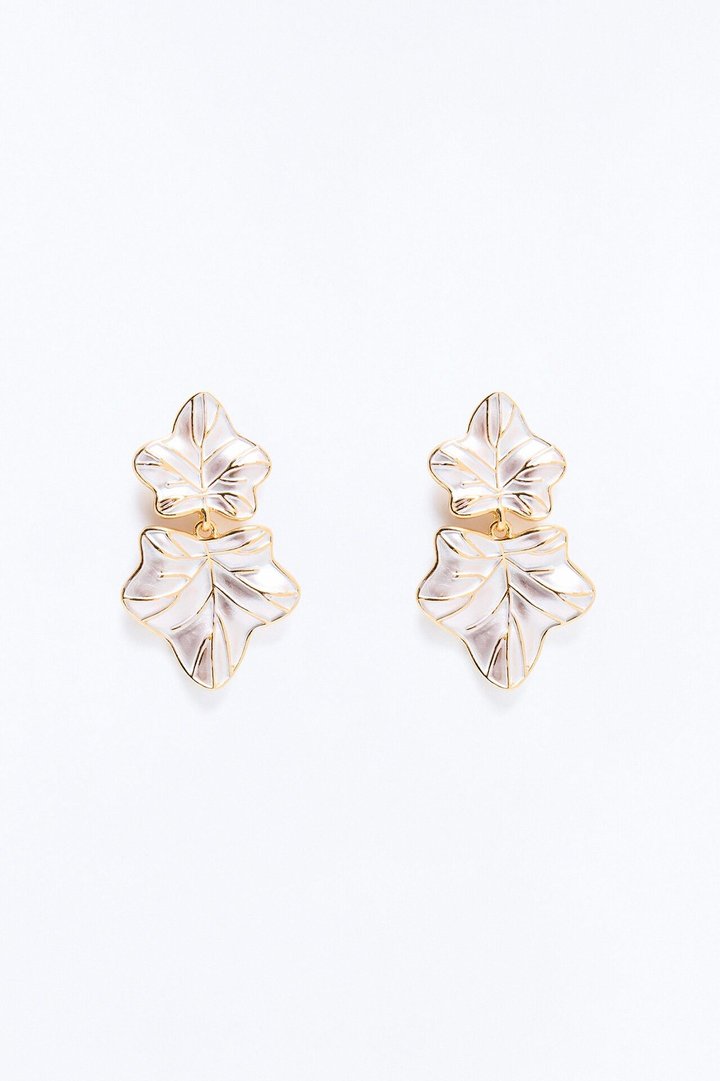 Whispering Leaf Drop Earrings - White/Gold