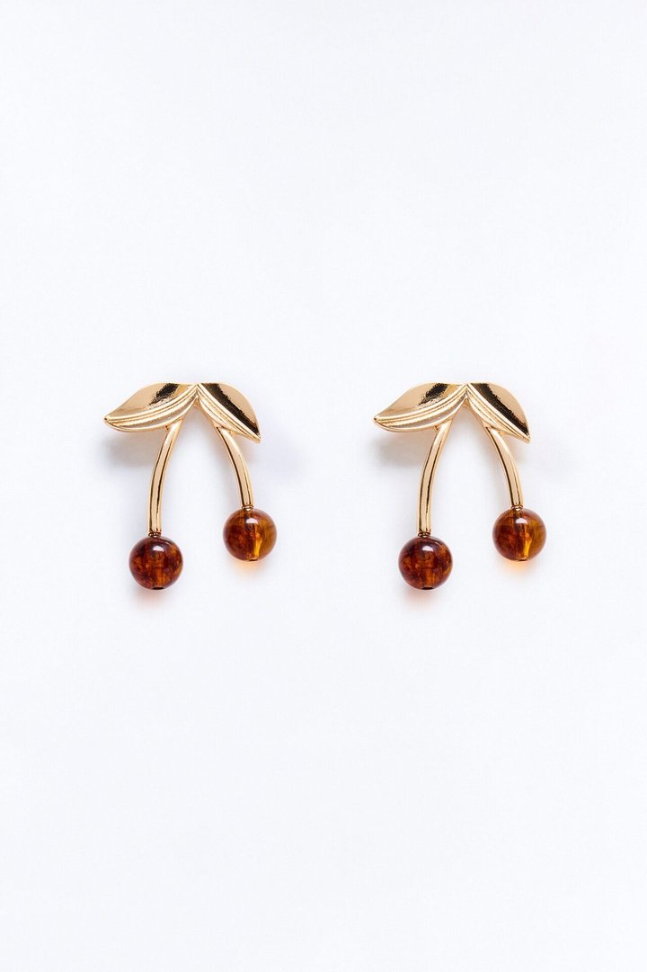 Bite Me Cherry Drop Earrings - Gold/Brown