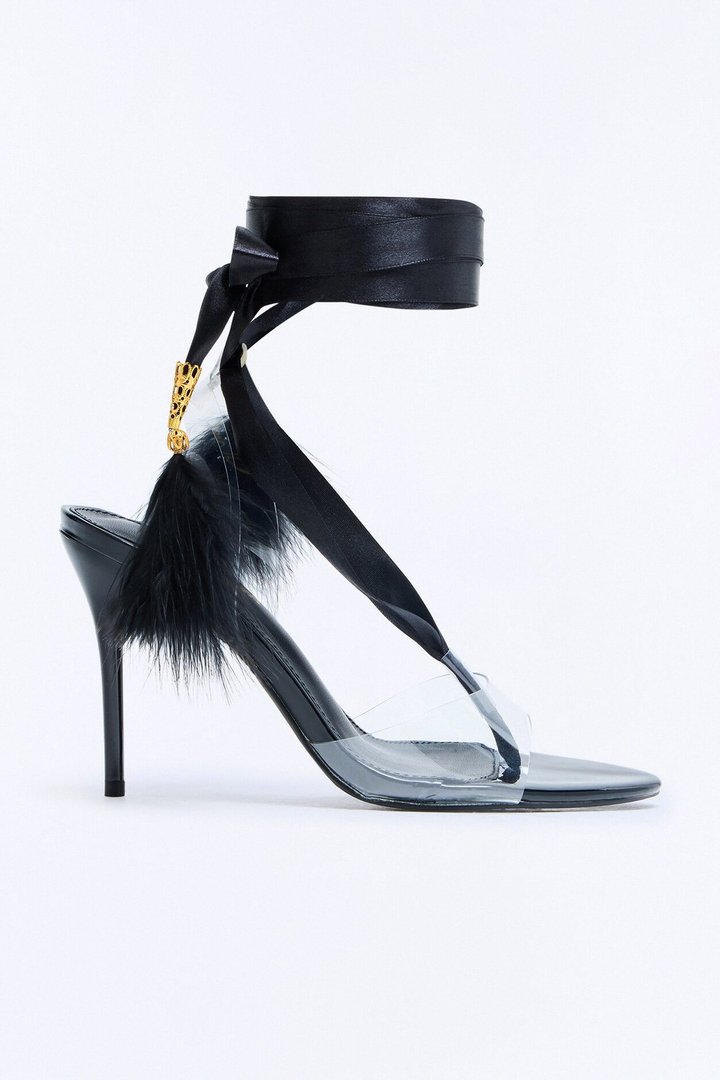 Arlynn Feather Tassel Wrap Up Heels - Black