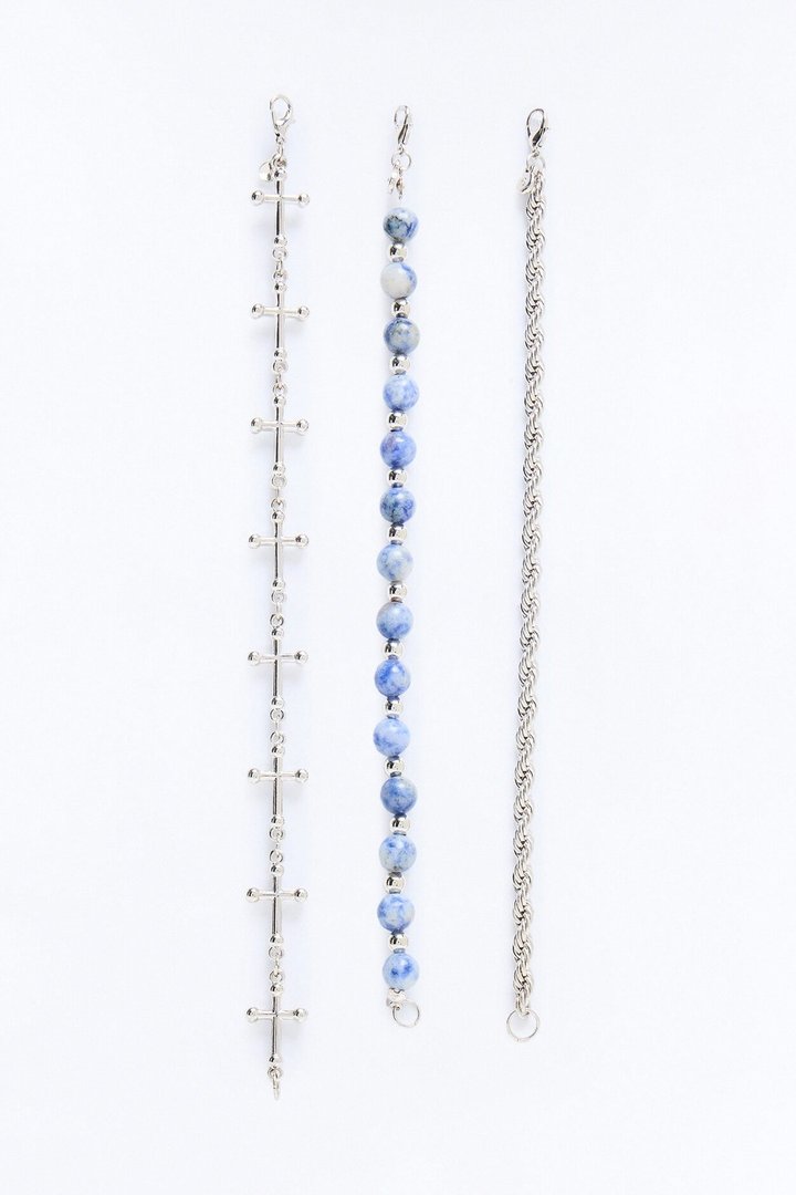 Interlinked Cross Beaded Bracelet Set - Silver