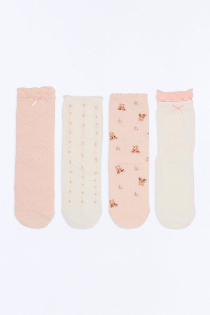 Bears And Bows 4 Pack Crew Socks - Pink/combo