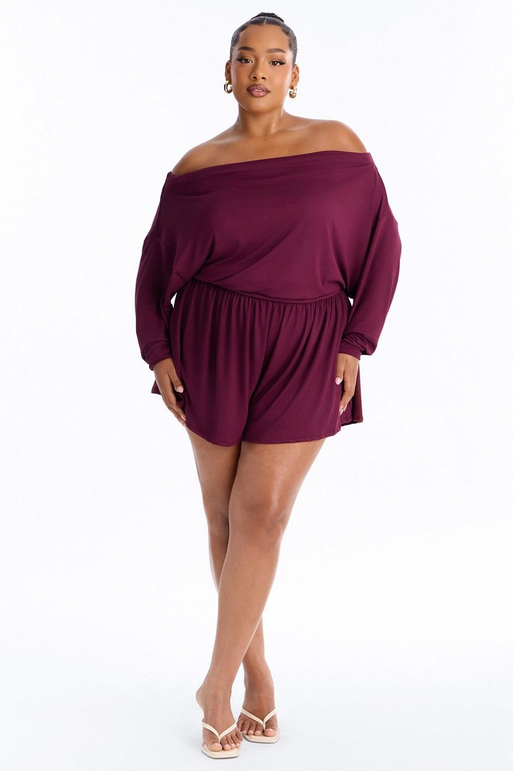 Amelia Off Shoulder Flowy Romper - Plum