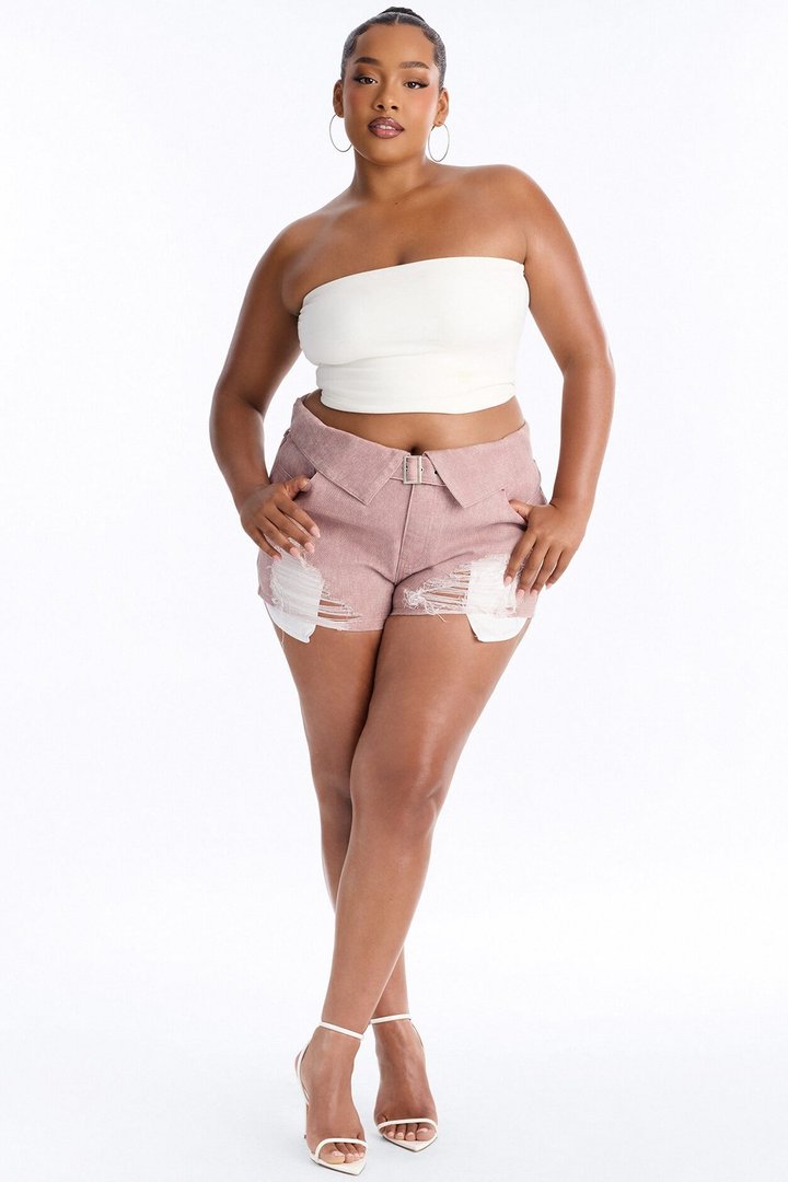 Ashton Belted Washed Twill Distressed Micro Short - Pink