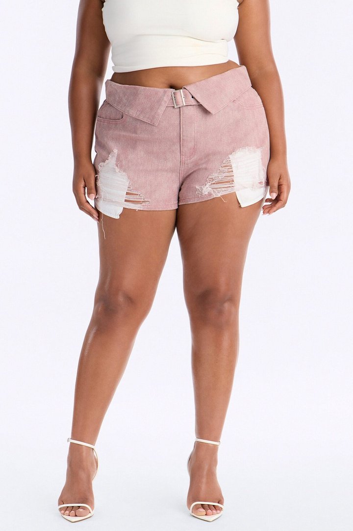 Ashton Belted Washed Twill Distressed Micro Short - Pink