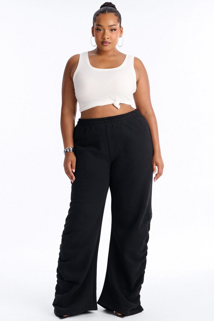 Meghan Ruched Leg Fleece Lounge Pant - Black
