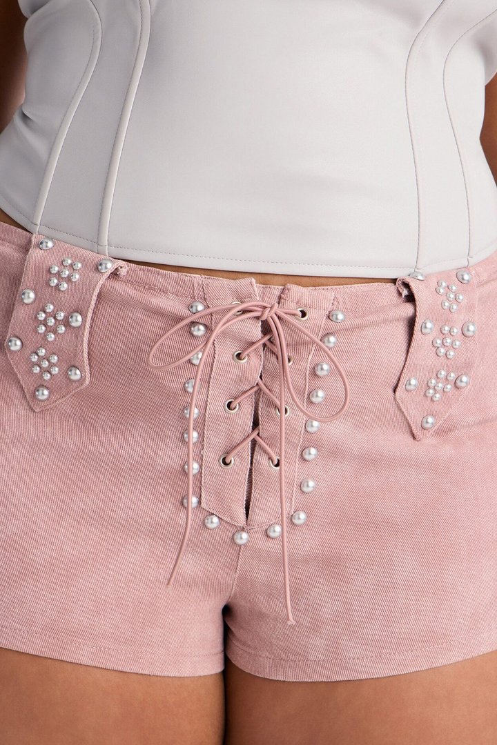 Out West Washed Twill Studded Lace Up Micro Short - Pink