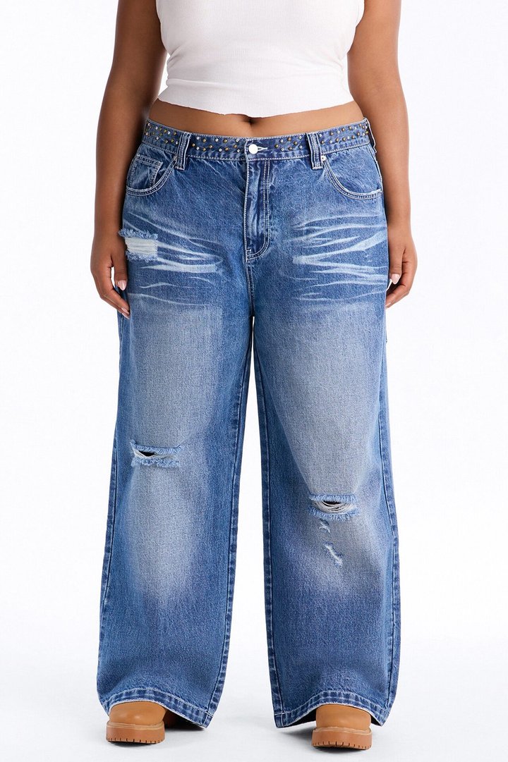 Ain’t No Saint Studded Embroidered Baggy Jeans - Dark Wash