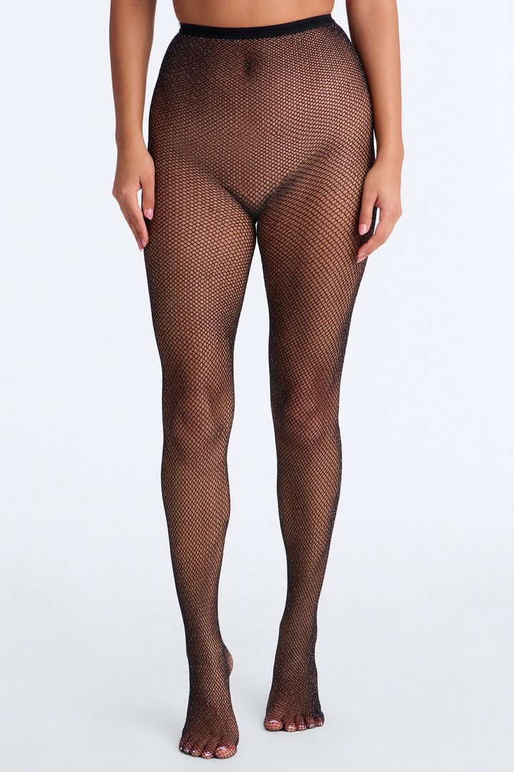 Party Away Glitter Fishnet Tights - Black/Silver