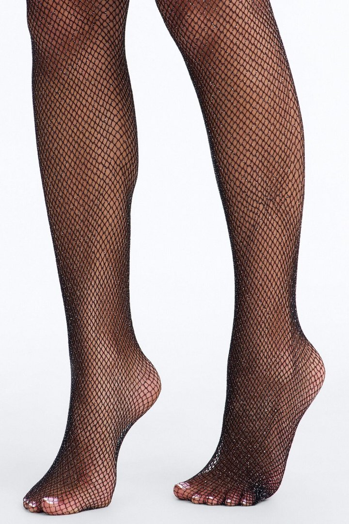Party Away Glitter Fishnet Tights - Black/Silver