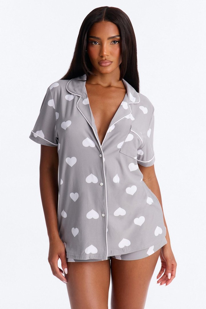 Snuggle Me Button Up PJ Short Set - Light Heather Grey