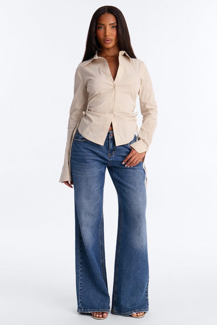 Khrissy Ruched Pinstripe Poplin Shirt - Taupe/combo