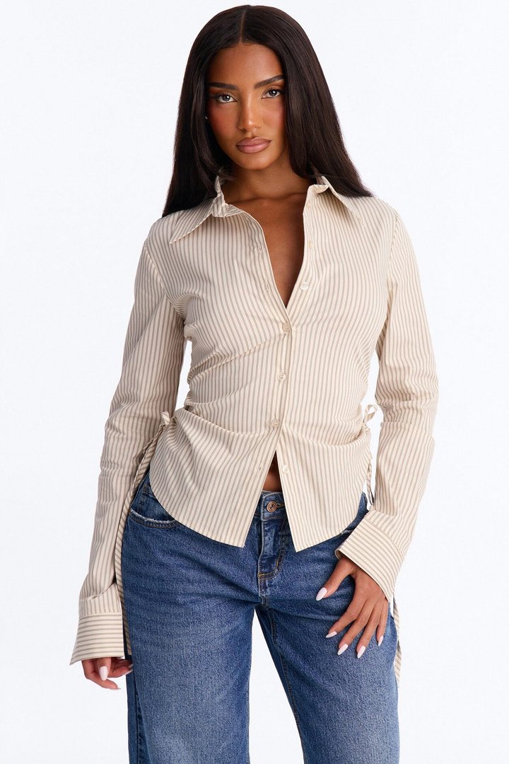Khrissy Ruched Pinstripe Poplin Shirt - Taupe/combo