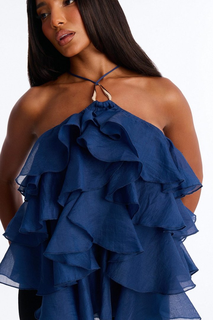 Ruffle Cutie Hardware Organza Halter Top - Navy