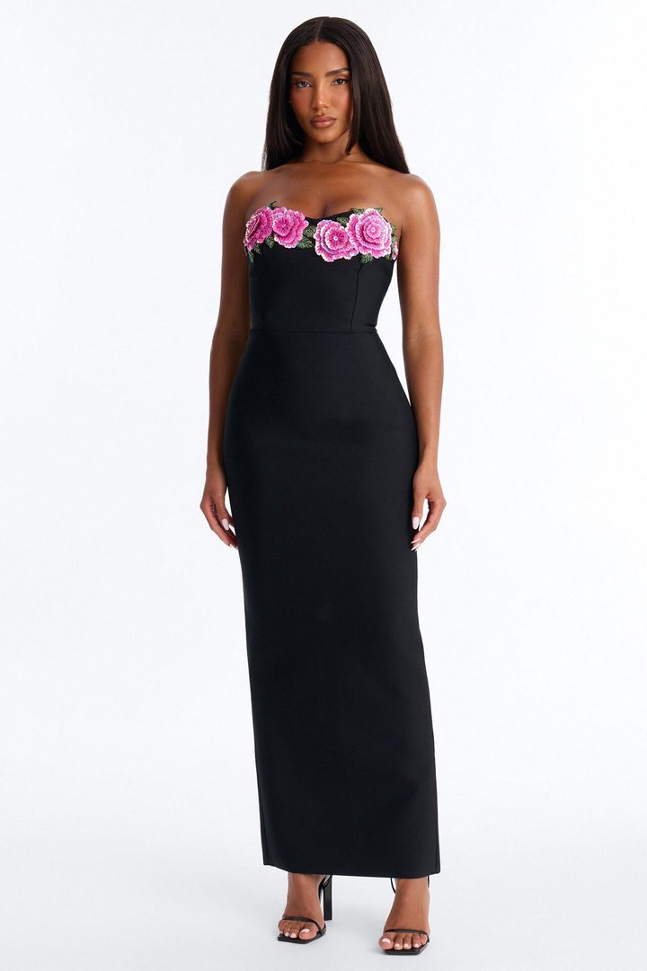 Can't Compare Floral Bandage Gown - Black