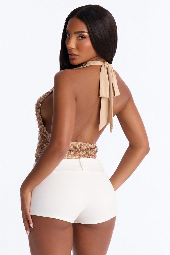 Belize Glow Sequin Cowl Neck Halter Top - Taupe