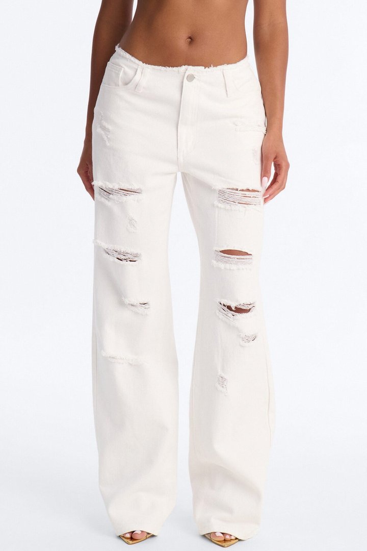 Slice Of Life Cut Off Waistband Ripped Jeans - White