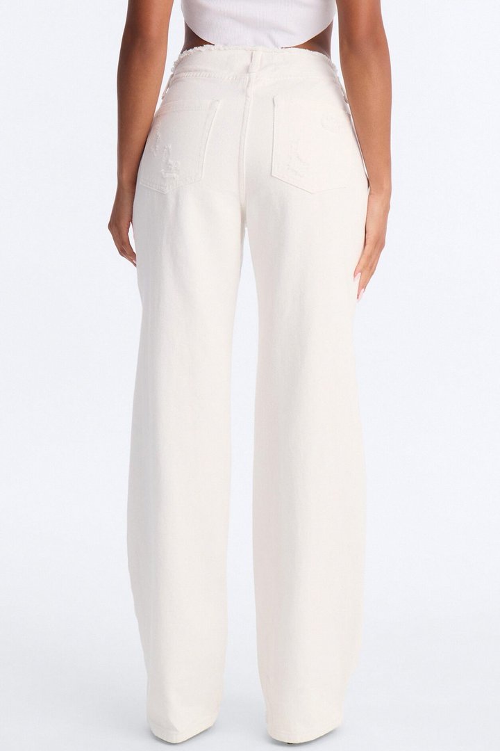 Slice Of Life Cut Off Waistband Ripped Jeans - White