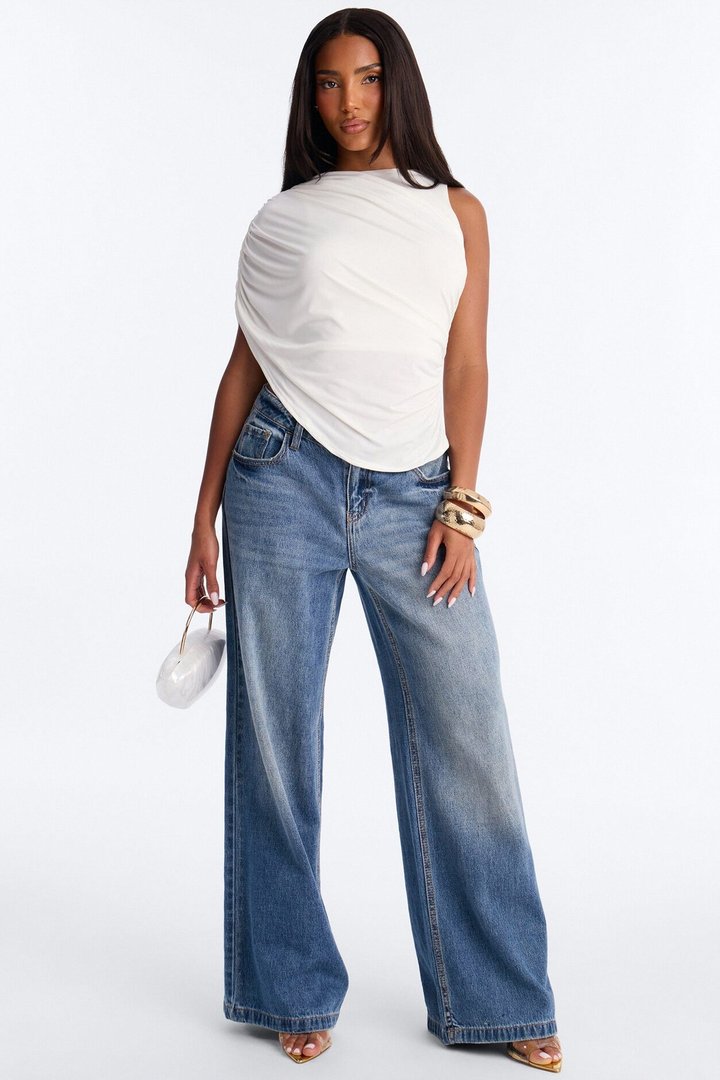Laura Ruched Asymmetrical Short Sleeve Top - White