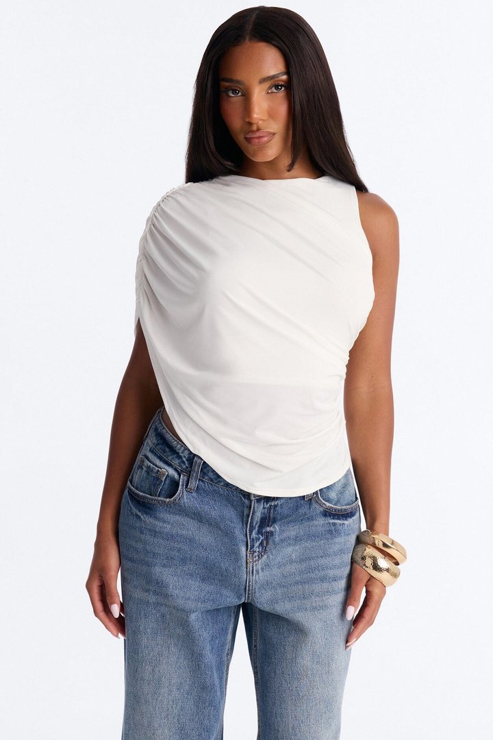 Laura Ruched Asymmetrical Short Sleeve Top - White