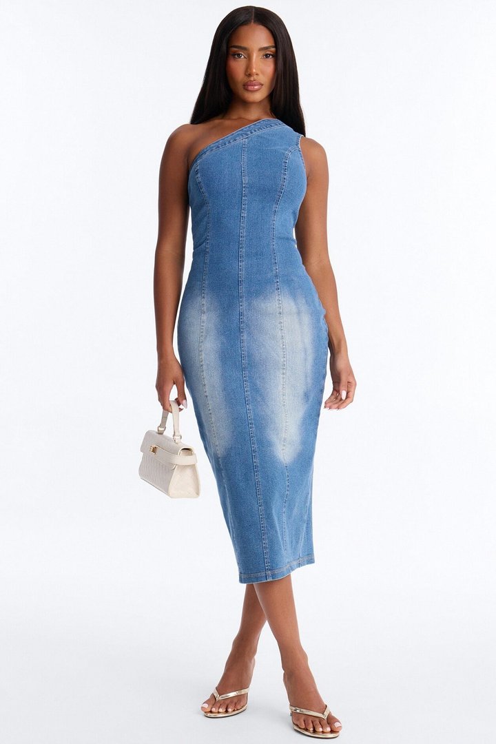 Karina One Shoulder Denim Midi Dress - Denim